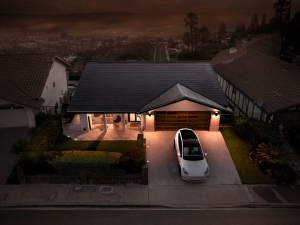 Close-up of Tesla Solar Roof tiles in action