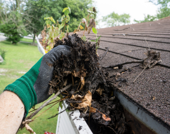 Homeowner cleaning gutters to prevent roof damage
